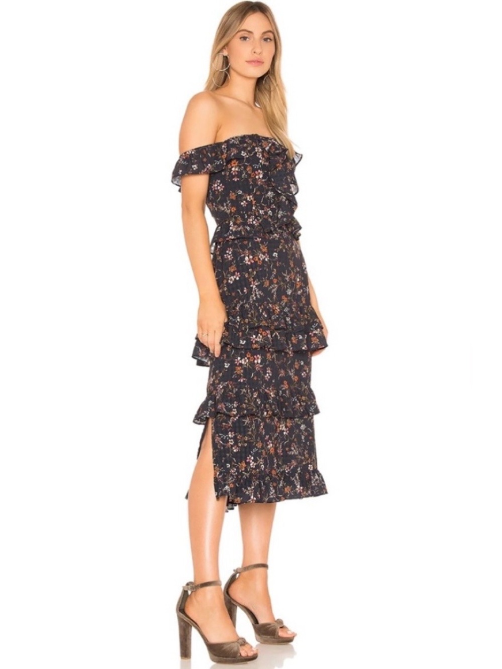 Tularosa Lily Dress in Burlingame Floral Black Blue Tiered Midi Ruffle